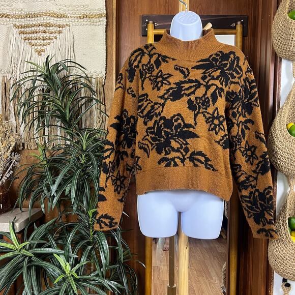 Topshop Floral Jacquard Sweater M | Brown Cinnamon Black Mockneck Soft Pullover - Picture 2 of 14